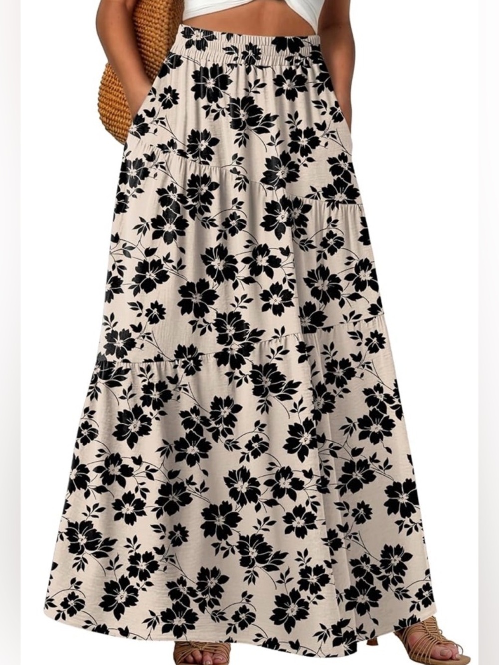 Cream Maxi Skirt with Black Floral Print. Size Large